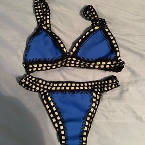 Blue/Black Crochet Reversible Bikini Set with Gold Details